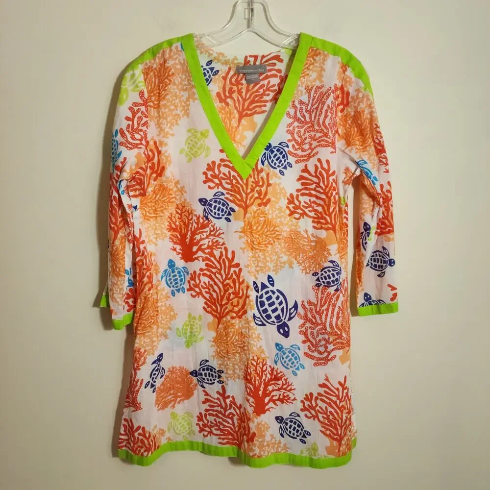 Peppermint bay colorful sea turtle coral print 3/4 sleeve swim coverup woman's S